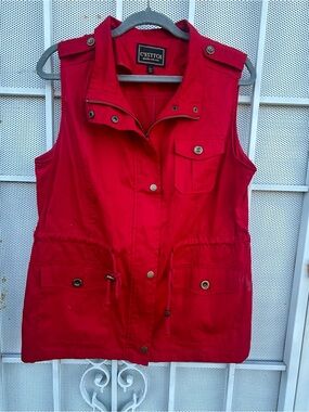 C'Esttoi Women L red Vest Button/top Zip waist drawstring patch pocket button